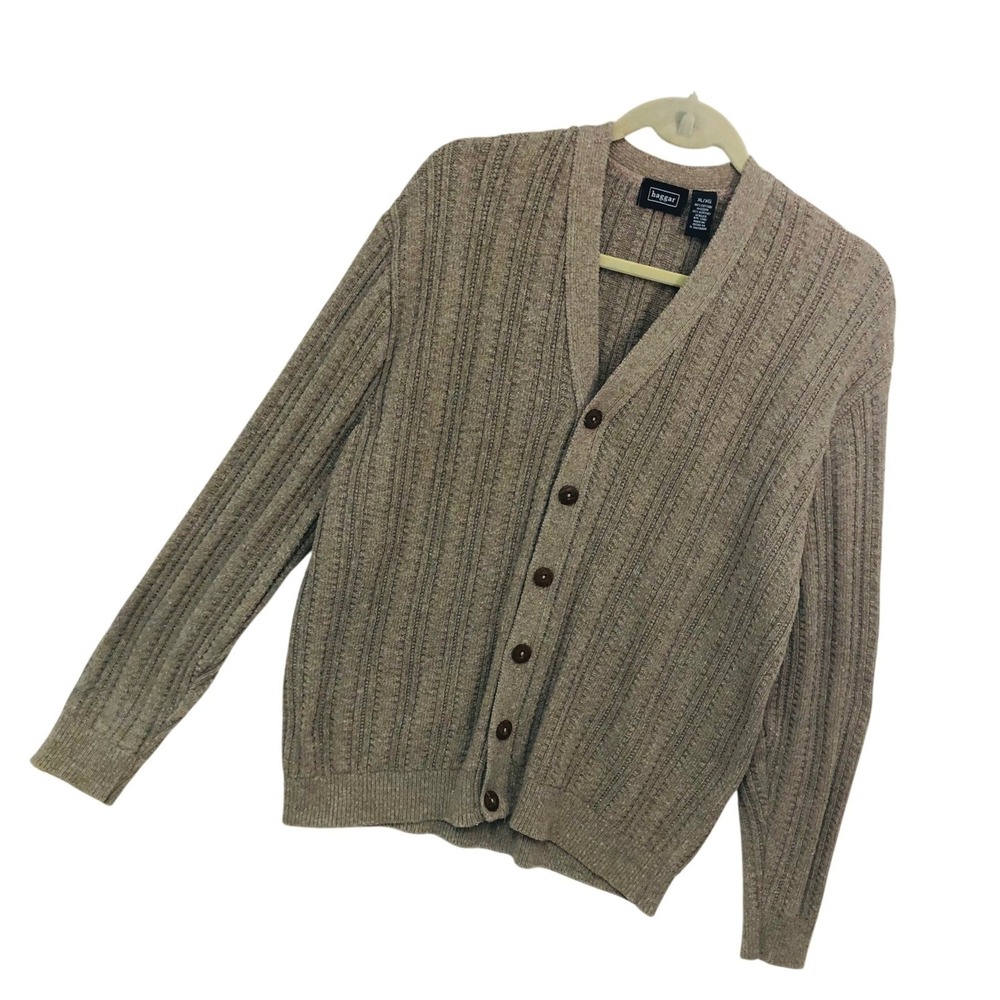 Vintage Khaki Ribbed Knit Cardigan Sweater Y2K Chunky Fisherman Grandpa Mens XL